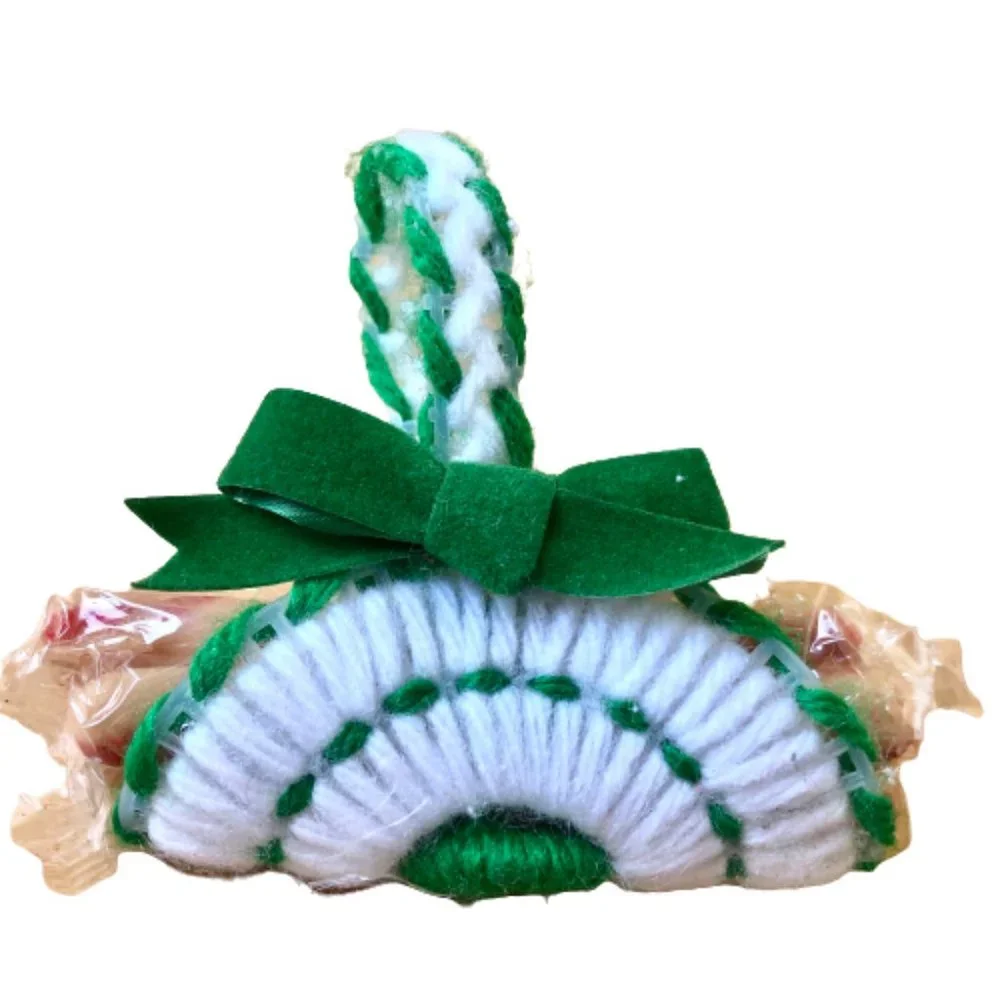 Vintage Christmas Ornaments Handmade Pine-Cone Skier + Yarn Log Carrier Lot 2